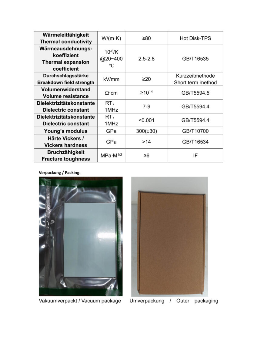 Technisches Datenblatt, Materialeigenschaften, Verpackung, Wärmeleitfähigkeit, Dielektrische Eigenschaften, Schutzverpackung. Technisches Datenblatt, Materialeigenschaften, Verpackung, Wärmeleitfähigkeit, Dielektrische Eigenschaften, Schutzverpackung.